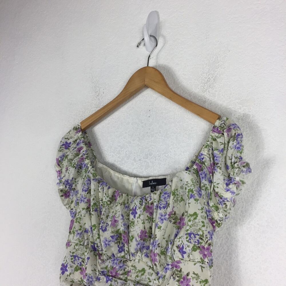 Lulus Love Bloom Cream Floral Print Ruched Off-the-Shoulder Mini Dress Large - Picture 8 of 15